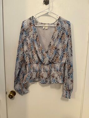 Japna Surplice Peplum Top Sheer/Lined Women's Large W/Smocking & Long Sleeves